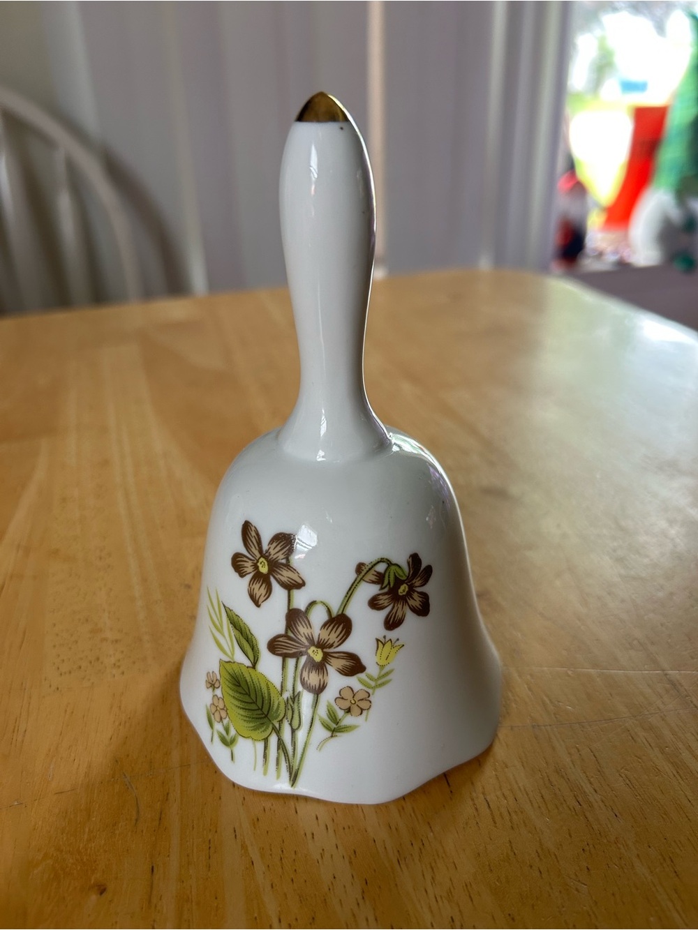 Porcelain Vintage Floral Table Bell in White with Brown and Green Motif